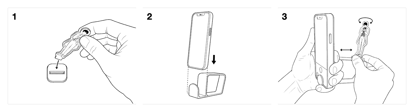 片スタの使い方3ステップ。1 台のミゾにアクスタを差し込む。2 本体の隙間にスマホを納める。3 台を本体に磁石で留め、アクスタの位置とピントを調整する。