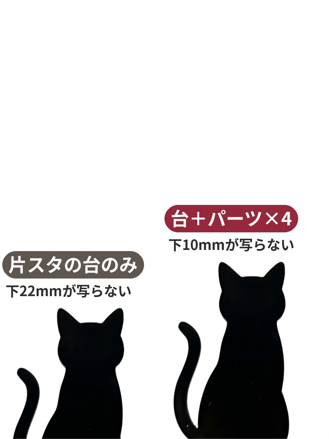 iPhone 17 Pro Maxのカメラ画面に写った状態。左は片スタの台のみで、アクスタの足元から下22mm程度が画面に入らない。右は台に拡張パーツを4つ足した状態で、入らない範囲が10mm程度に減っている。