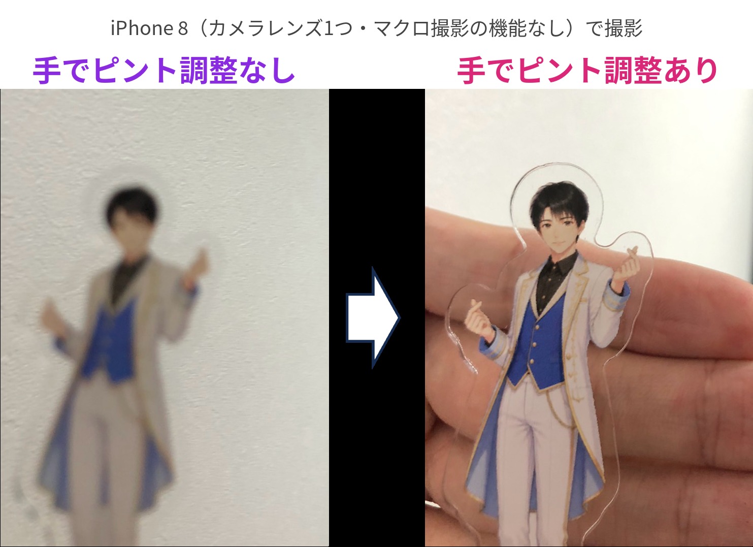 iPhone 8で撮影した比較。左は手でピント調整をしていないためアクスタがぼやけ、右は手で調整したためはっきり写っている。