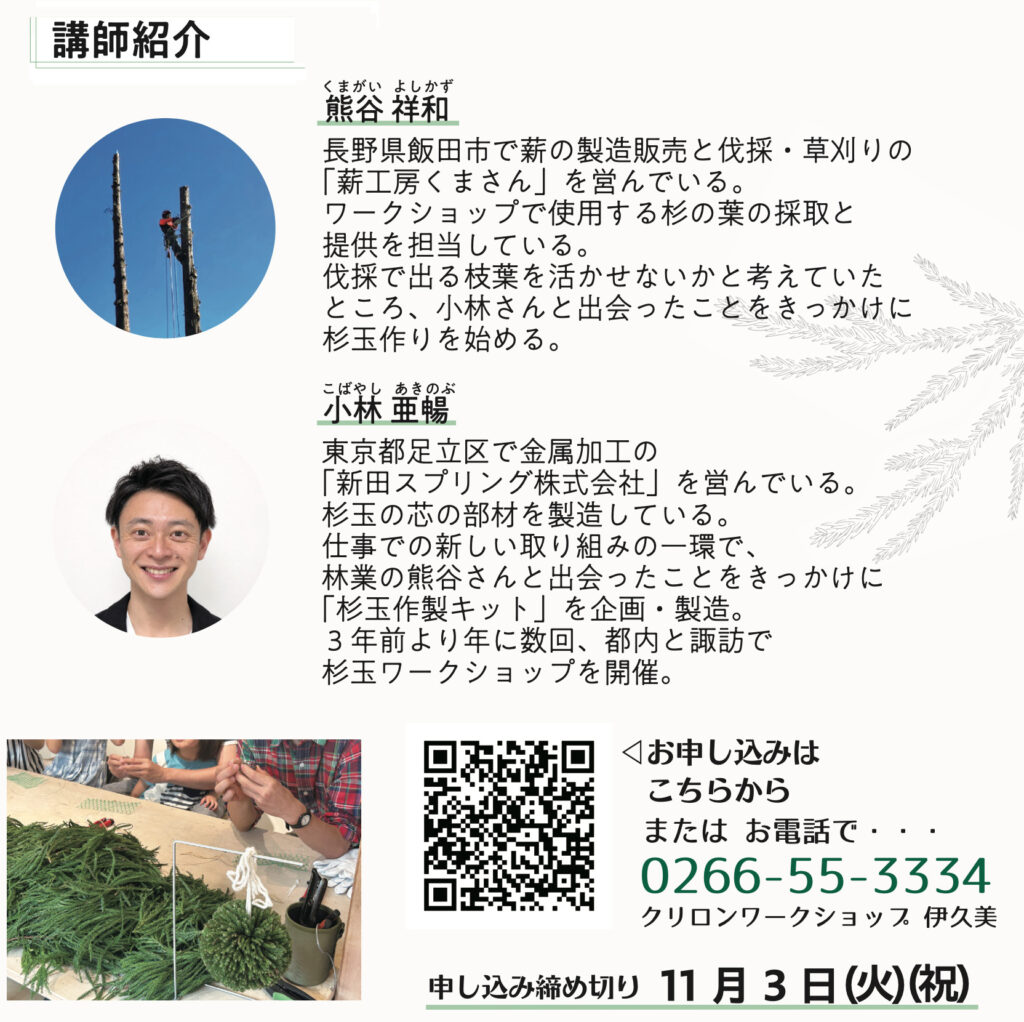 杉玉作りワークショップの講師、熊谷祥和と小林亜暢